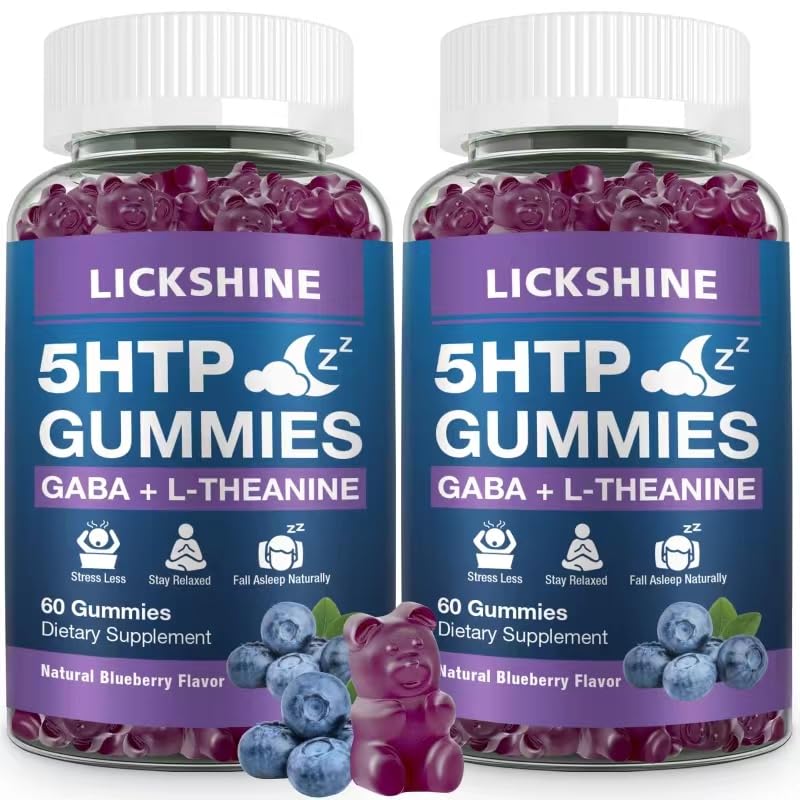 2 Pack 300MG 5-HTP GABA Sleep Supplement Gummies s 200mg L-Theanine dodatek pro mozek, Mood Stabilizer and Sleep Support, Melatonin- Free, Omega 3-6-9 pro přírodní Zzzs, Blueberry Flavor
