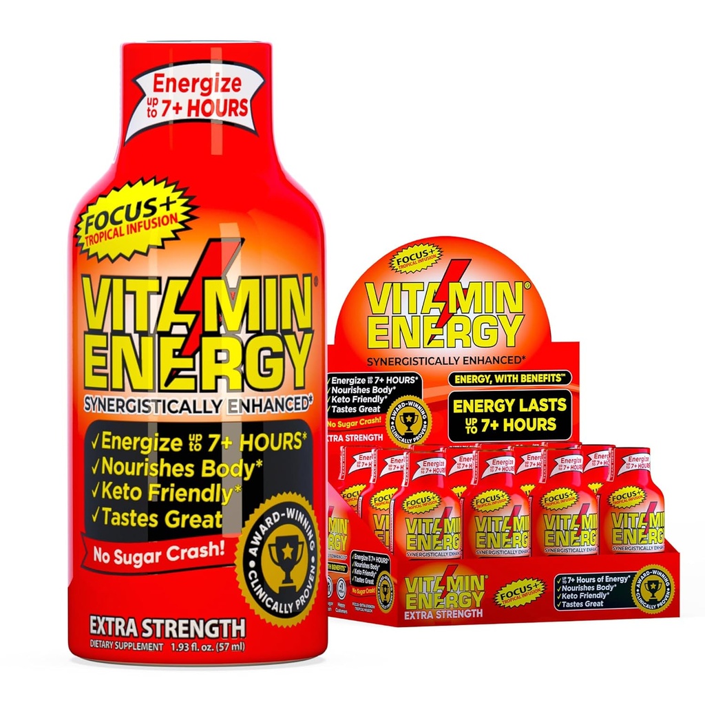 Vitamin Energy Focus + Extra Strength Energy Shot Tropical Infusion 12 Pack, 260mg přírodní kofein, B- vitaminy, CoQ10, aminokyseliny, Focus, Productivity & Clarity, Nulový cukr, gluten- Free, 1.93 fl oz