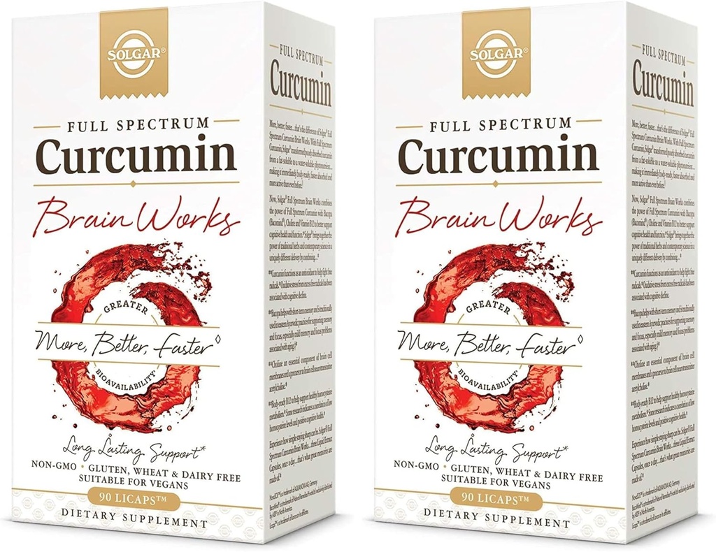 Solgar Full Spectrum Curcumin Mozek Works, 90 Licence - Podpora paměti Recall, Focus, Cognitive Function - Antioxidant Support - Curcumin, BacoMind, Cholin, Vitamin B12 - Non- GMO, Vegan - (Balení po 2)