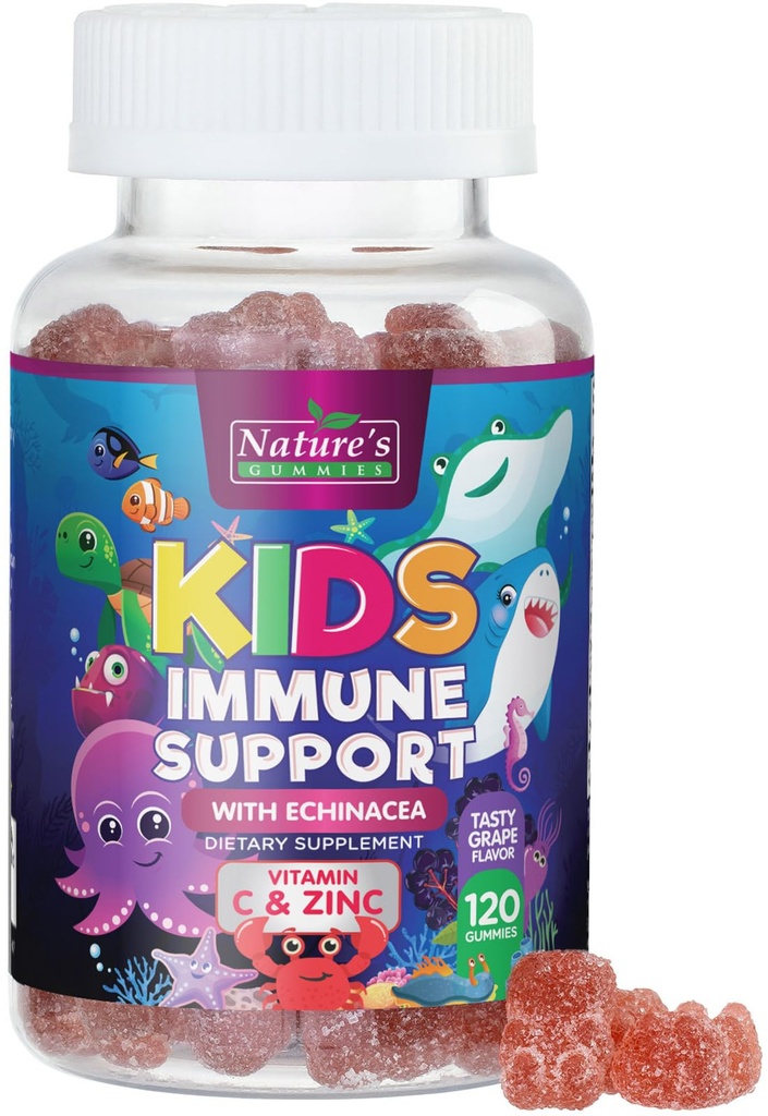Kids Imunitation Supplement Gummies - Denní Children Vitamíny C, Zinek & Echinacea - Gummy pro děti Imunity Support, Ages 4 and Up, Natural Berry Flavor, Non-GMO, Gluten- Free & Vegan - 120 Gummies