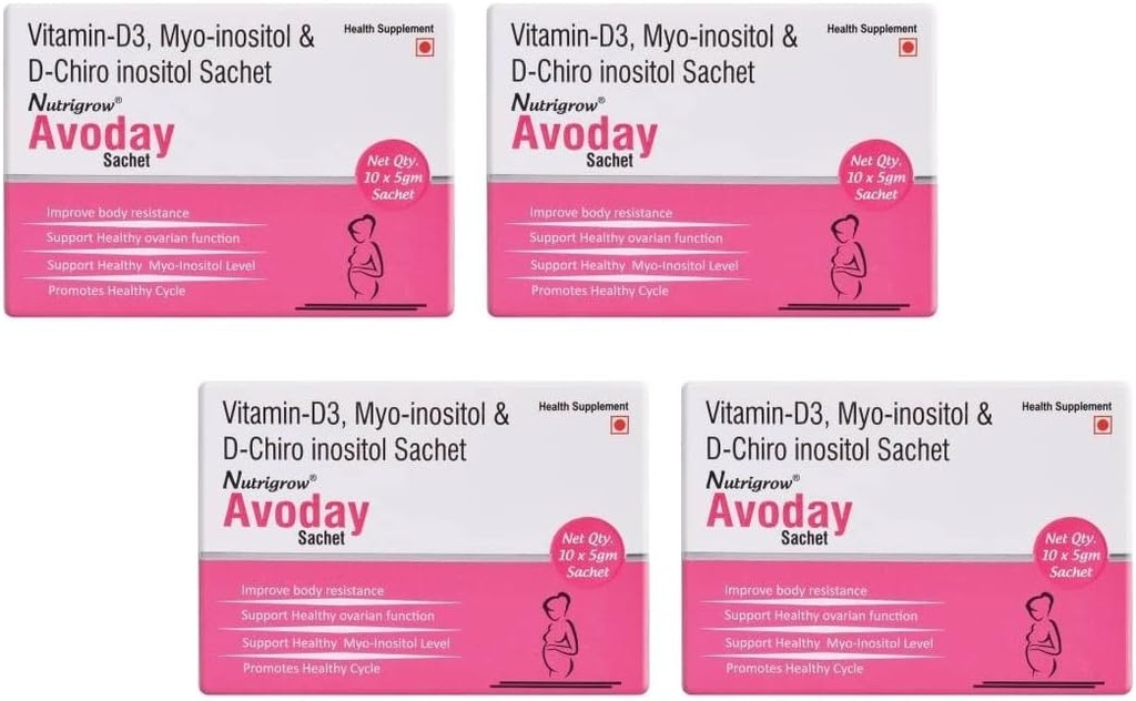 NUTRIGROW AVODAY Powder Supply 40 Dny / Podpora ovariálních funkcí pro ženy - Regulujte Vaše hormony / Vitamin d3 myo - inositol & D Chiro inositol / Zdravotní doplňky / Metabolismus Booster Pack of 4