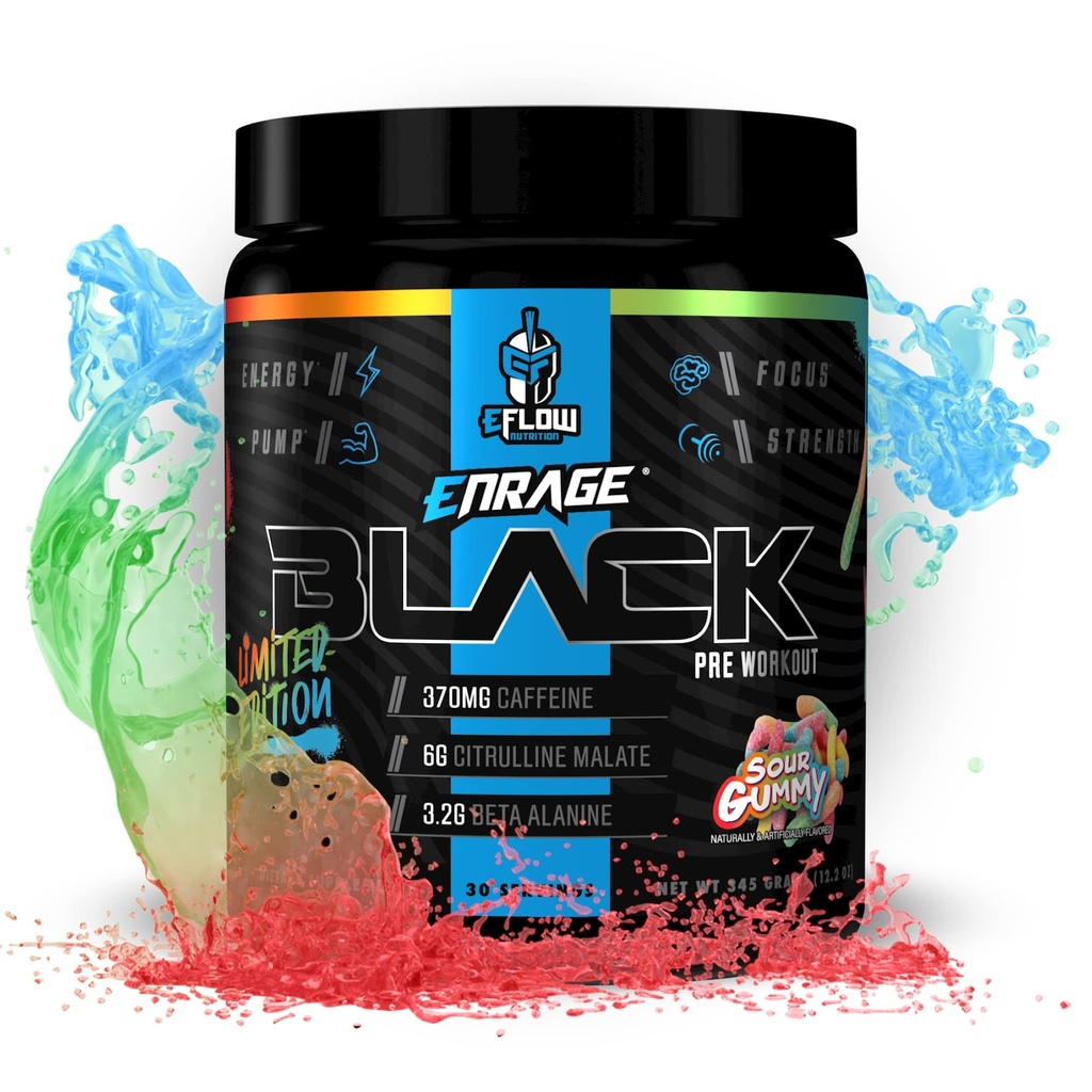 eFlow Nutrition Enrage Black High Stimulant Pre Workout Dodatek - Předcvičení prášek na zvýšení energie, čerpadla a sílu - 4 Flavors (30 Služeb) (Sour Gummy)