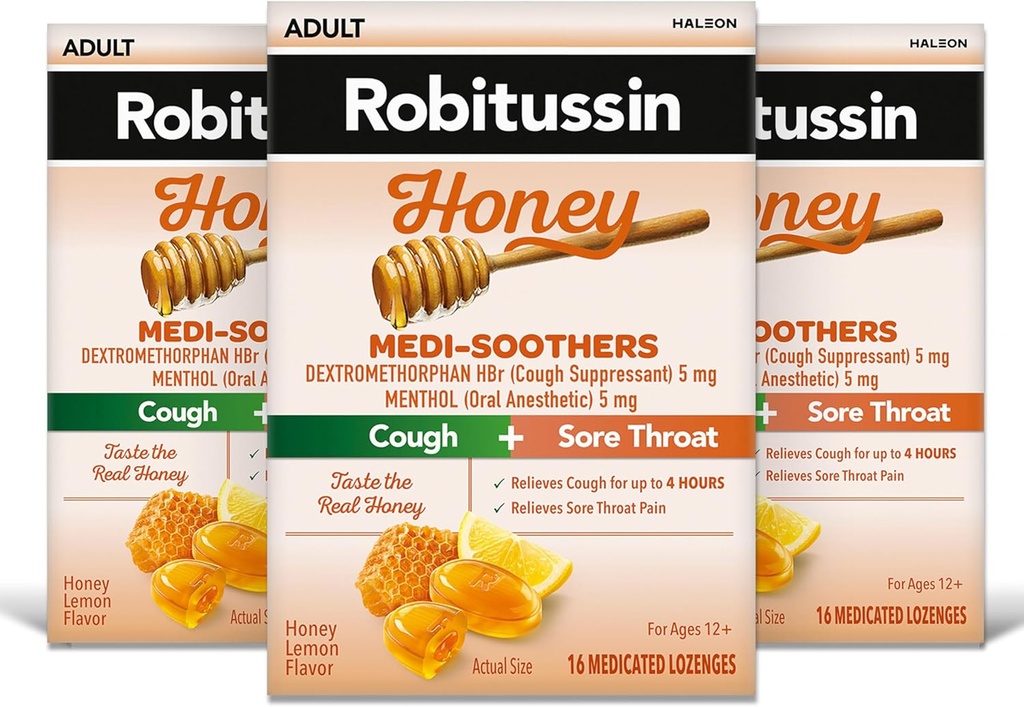 Robitussin Medi- Soothers Med Lemon Throat Lozenges, Long-Lasting Cough + Sore Throat Pain Relief - 48 Počet (3 x 16ct Packs)