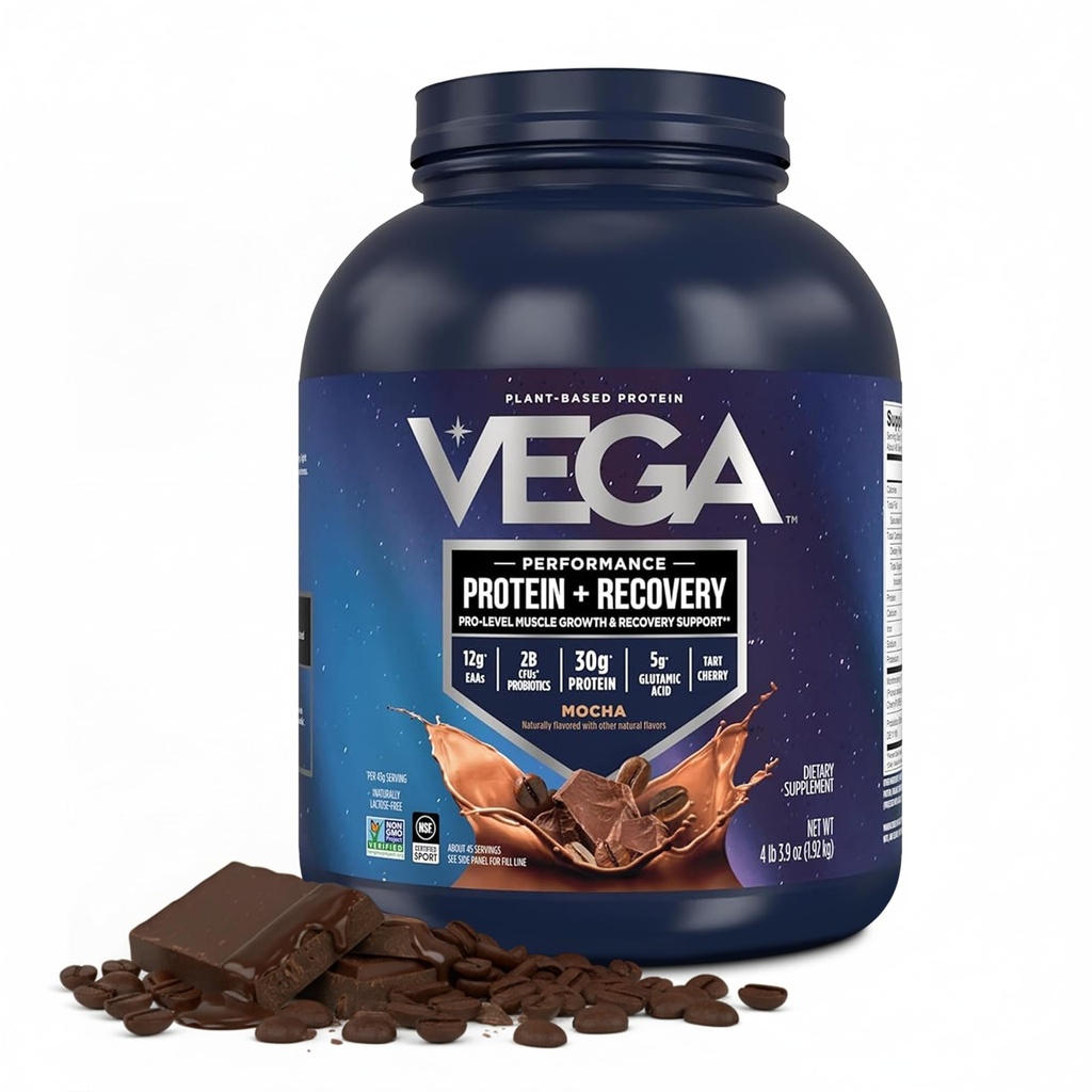 Vega Sport Vegan Protein Powder + Recovery - 30g Plant Based Protein per Serving, Mocha, 45 Servings, 5g BCAA, Probiotika, NSF Certified, for Shakes & Smoothies, 4.2lbs (Balení květen Vary)