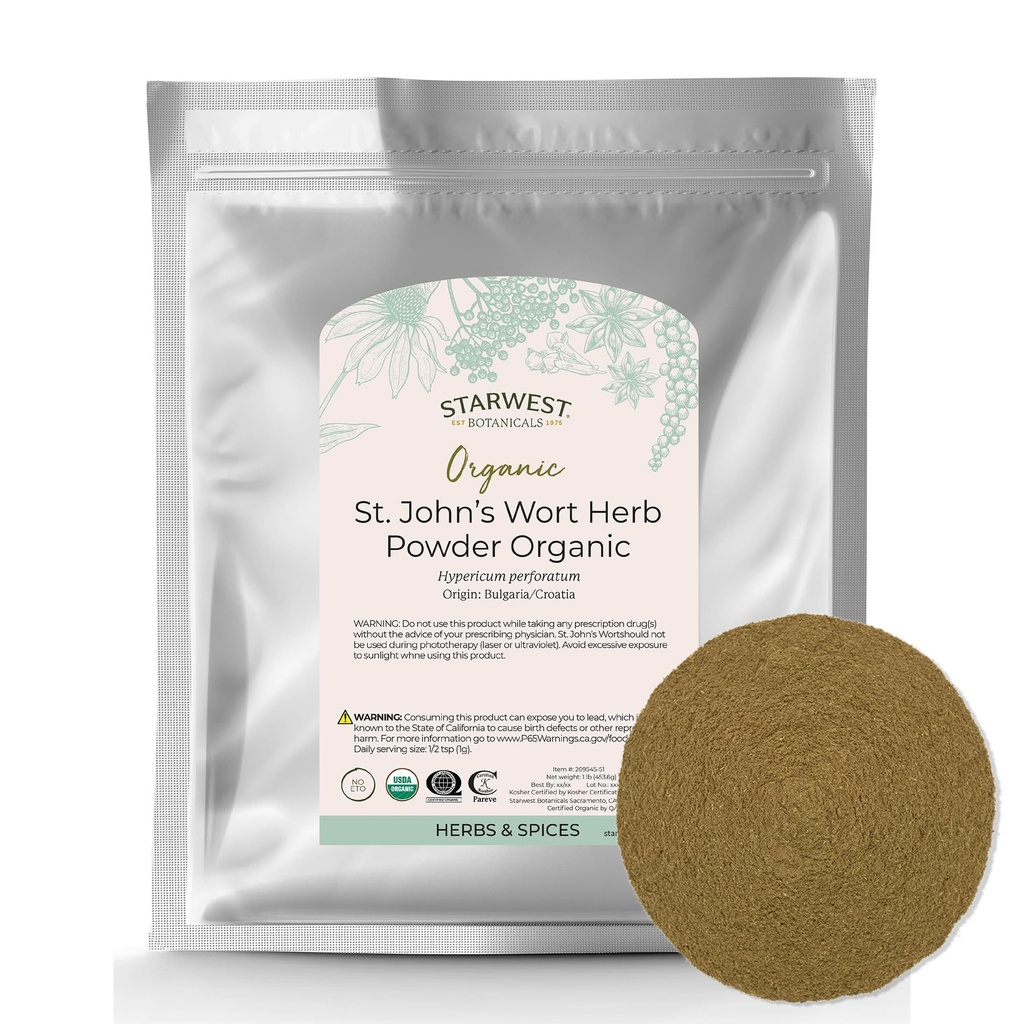 Starwest Botanicals Organic St John 's Wort Powder - Sušený herb na čaj, vyrobený ze St John' s Wort Květiny, podporuje relaxaci, Certified Kosher, Non- GMO - Bulk 1 LB Bag