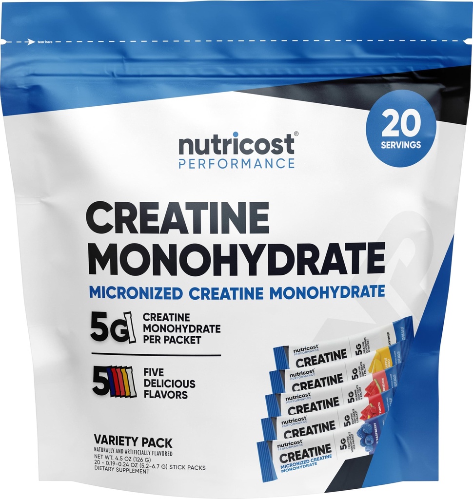 Nutricost Creatin Monohydrát Prášek Variety Stickpack (5 Flavors, 20 Servings) - Mikronizované, 5 Grams Creatin Monohydrát per Pack