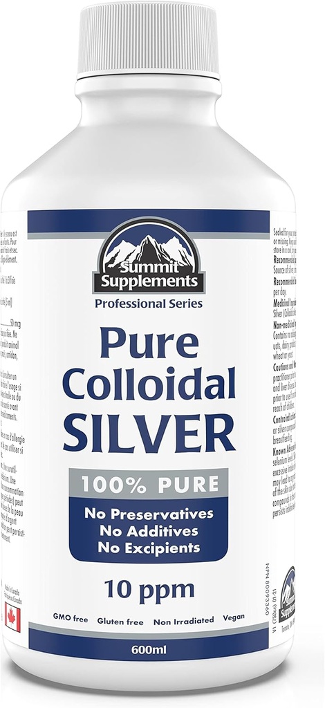Koloidní stříbro 10ppm 600ml - koloidní stříbrné tekuté minerální minerály - Koloidní měděné doplňky - Stříbrné koloidní minerální kapaliny - Vyrobeno v Kanadě