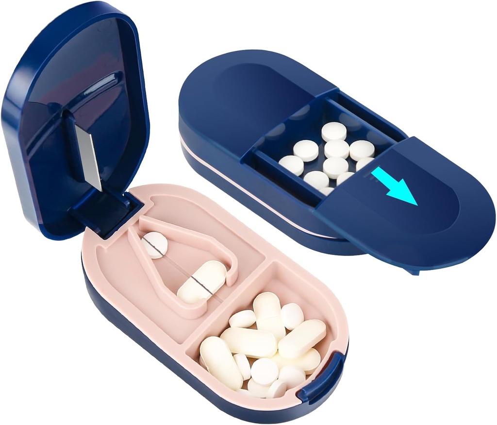 LEAFIL Pill Cutter, Přenosný Pill Splitter 2-in-1 Pouzdro s nerezovou ocelovou čepelí, pro malé nebo velké Vitamíny Tablety, Střih pilulky s Mini Pill Organizátor Compartment - Blue