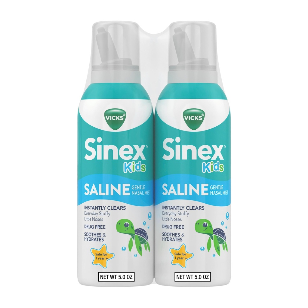 Vicks Sinex, Children 's Saline Nasal Spray, Drog Free Ultra Fine Mist s nádechem aloe, Age 1 +, Fast Everyday Stuffy Nose Relief for Kids, Clear Mucus from a Cold or Alergy, 5 OZ x 2