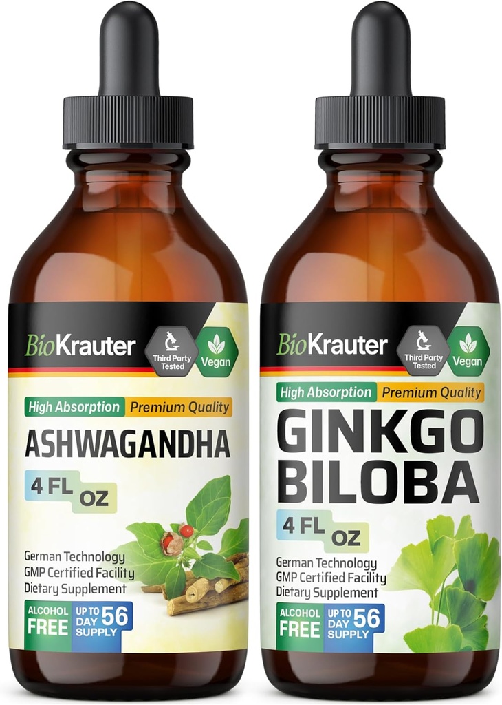 BIO KRAUTER Ashwagandha tinktura 4 Fl. Oz. & Ginkgo Biloba tinktura 4 Fl. Oz.