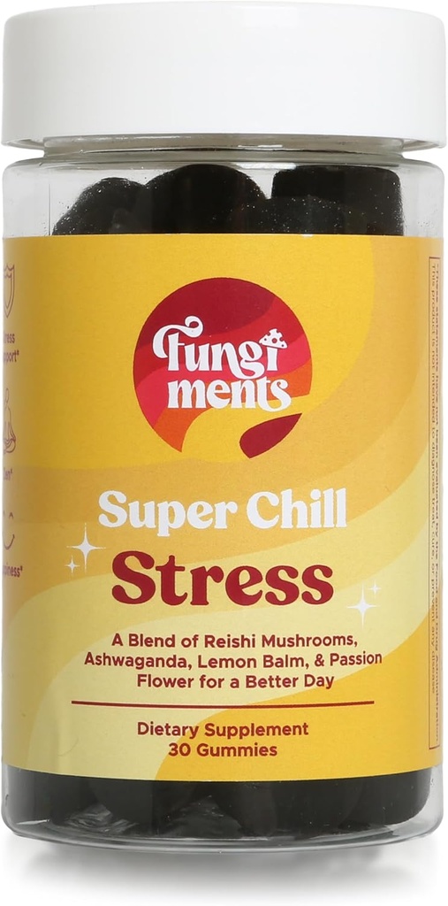 Fungiments Super Chill - Houbový dodatek - Reishi Houba, Ashwagandha, Cortizol, L-Theanine, Passion Flower - Méně stresu a lepší spánek (30 Houbových žvejkaček)