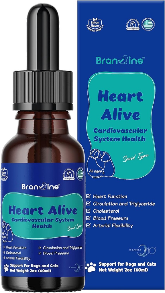 Heart Alive Liquid Cardiovaskulární systém Zdraví pro psy a Cats- Norský rybí olej, Coenzym Q10, Vitamin K2, Policosanol, Hawthorn Berry Extract, Vegan Bacon Flavor (60ml)