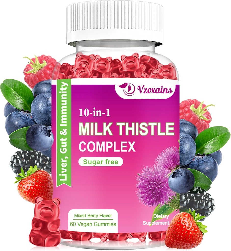 Mléko Thistle Gummies, 10- in-1 Bylinné Formule pro vyčištění jater Detox & opravy s kořen pampelišky, kurkuma, Artyčok - Optimální funkce jater a trávicí zdraví - Smíšené Berry Flavor