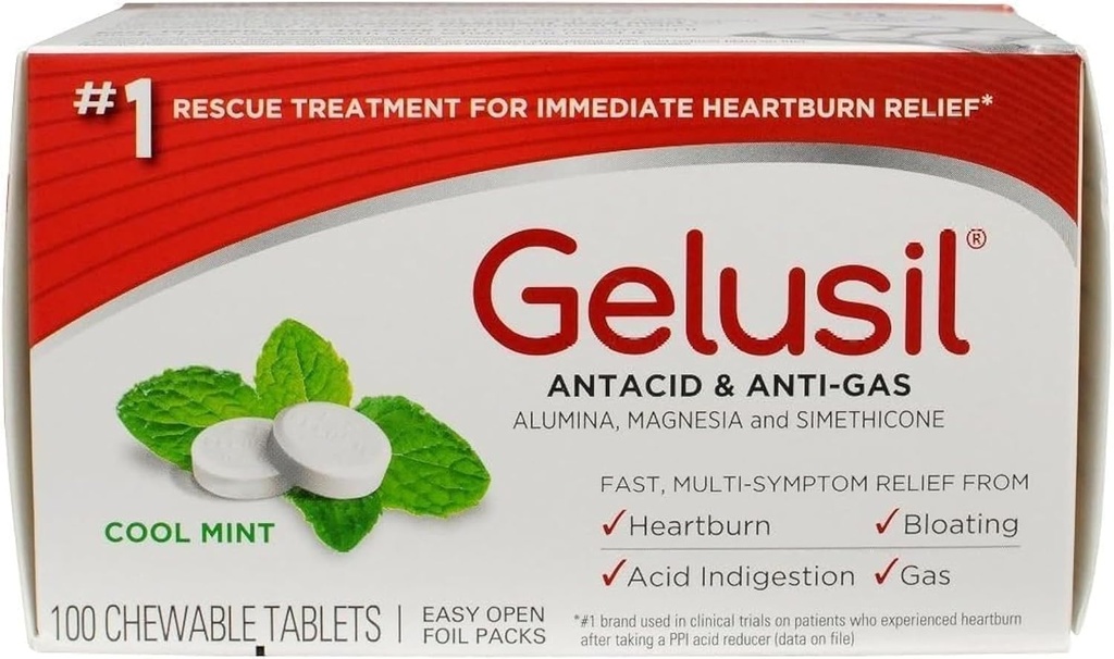 Gelusil Antacid & Anti Gas Tablets for Heartburn Relief, Acid Reflux, Floating and Gas, Cool Mint - 100ct Blister Pack