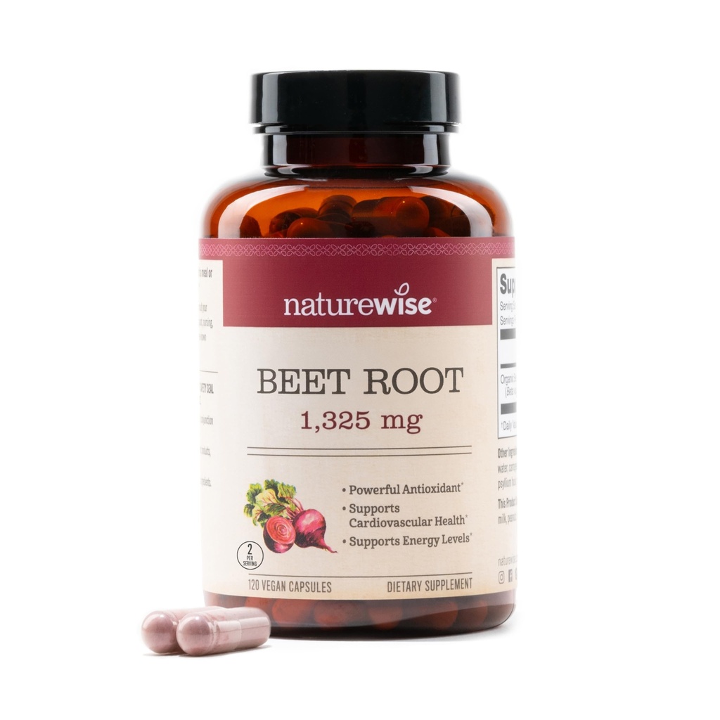NatureWise Beet Root Capsules 1325mg s organickým Beetroot - Nitric Oxide Booster for Circulation and Heart Health Support - Vegan, Gluten- Free, Non- GMO - 120 Kapsle [60 Day Supply]
