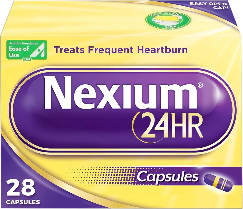 Nexium 24HR Acid Reducer Heartburn Relief Kapsle pro All- Day a All- Night Protection from Frequent Heartburn, Heartburn Medicine with Esomeprazol Magnesium - 28 Počet