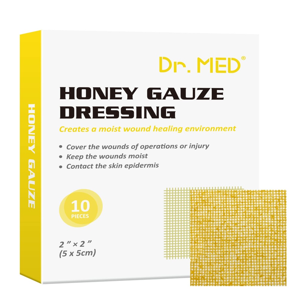 Dr. Med Honey Gauze Dressing, 2" x 2" (10 PCS/Box) Honey Medical Bandage Wound Care Patch for Minor Abrasions, Cuts, Lacerations, Scald and Burns for Wound Healing, Chemical and Drug Free