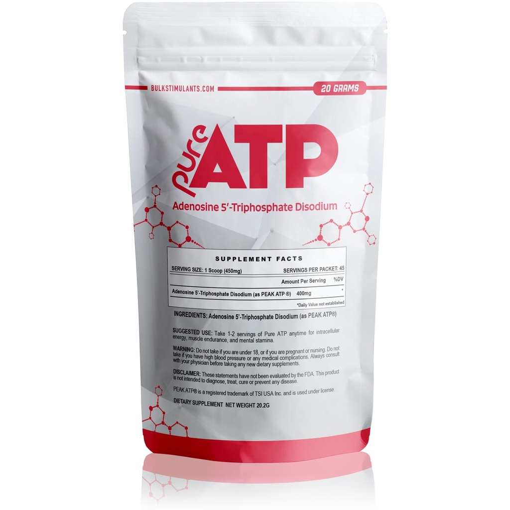 BulkStimulants Čisté ATP Adenosin Trifosfát prášek - zvýšení energie, vytrvalost, síla, zotavení a svalové čerpadlo, rychlejší než Creatin HMB & Oxid dusnatý, přírodní Pre Workout Dodatek - 20 Grams