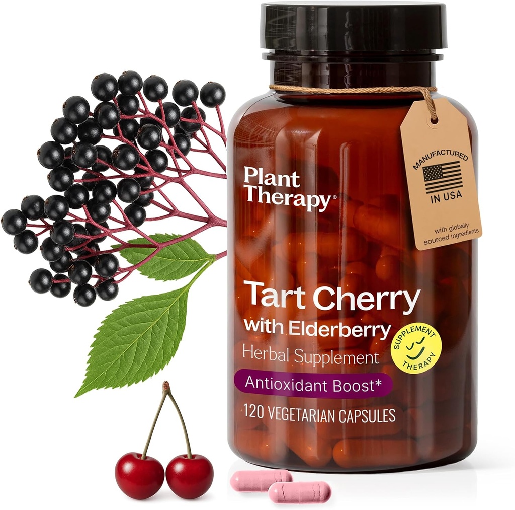Plant Therapy Tart Cherry Kapsle s Elderberry vyráběné v USA 4 Měsíční Supports The Body, imunitní systém a spánkový cyklus Doplňky pro ženy a muže 120 Vegetariánské kapsle