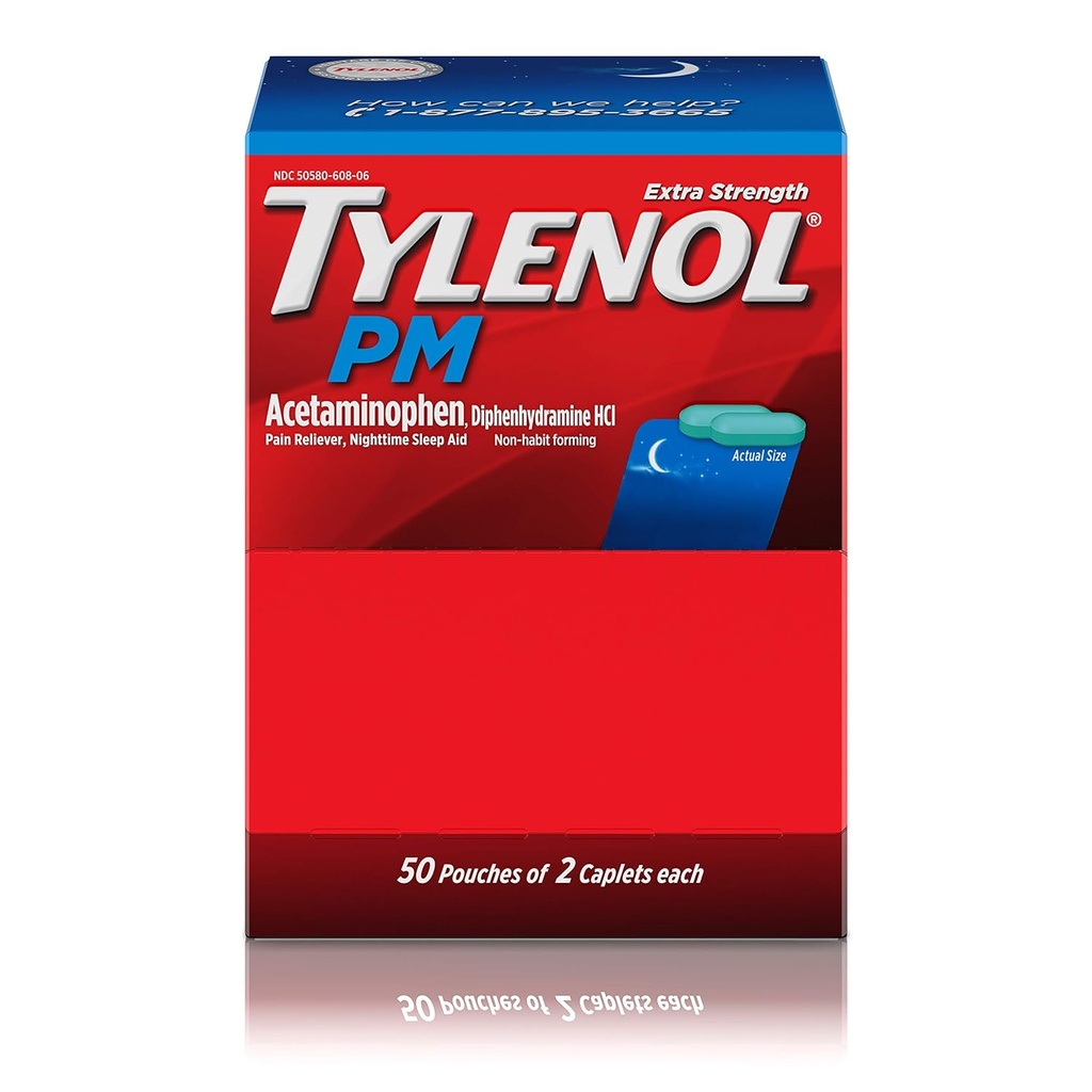 Tylenol PM Extra síla, 50 Pouches po 2 kapslích, Dipenser Box (Balení po 2)