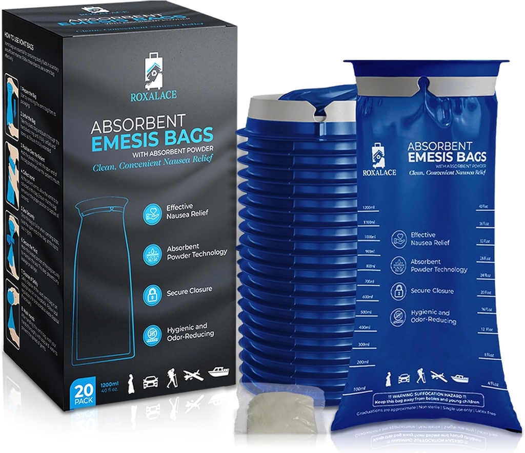 ROXALACE ® Emesis sáčky s Absorbent prášek pro nauzeu a zvracení Relief - 20 Pack 1200ml, Travel- Friendly, Hygienické řešení pro nevolnosti pohybu, ranní nevolnosti, péče, a mimořádné