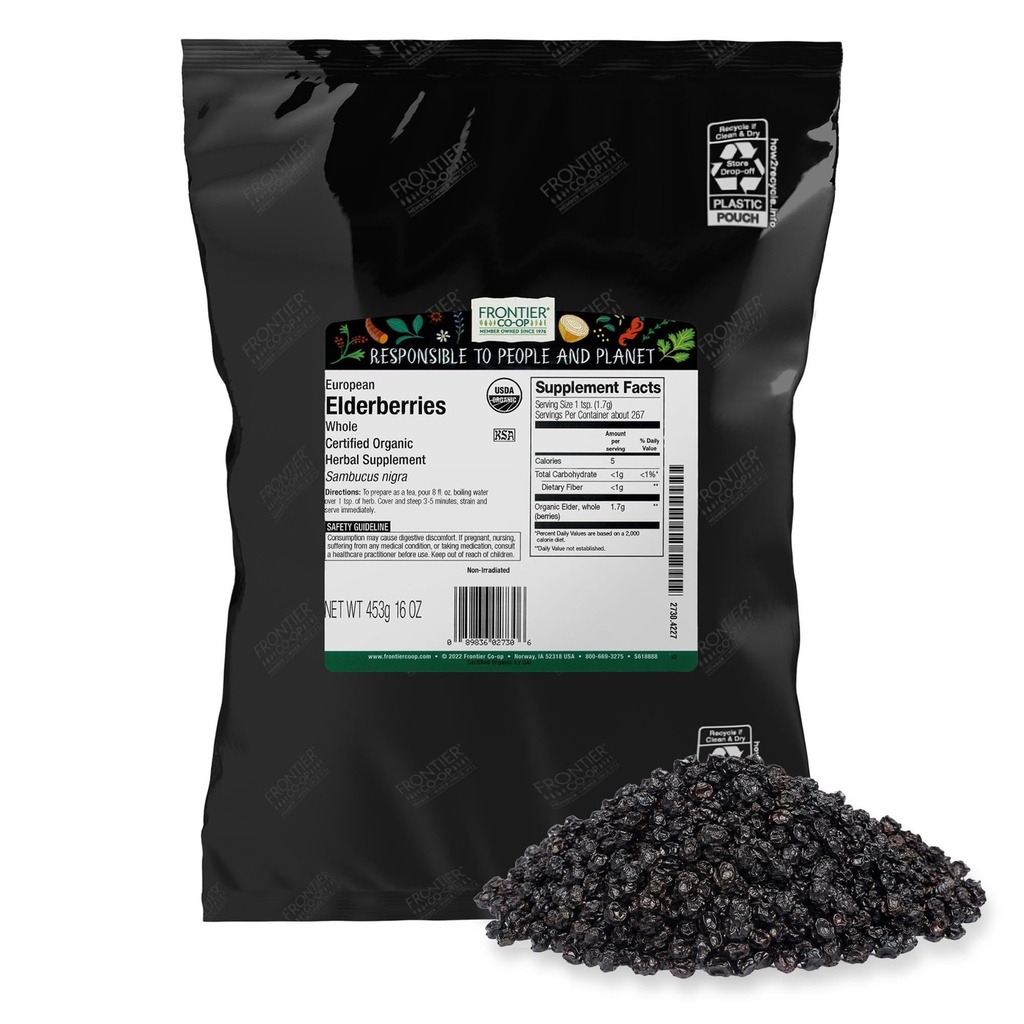 Frontier Co- op Organic Sured Elderberry, 1lb Bulk Bag, European whole Ibrahim 124; Kosher and Non-GMO Organic Elderberry Berries Sured, for Tea, Immunal Support