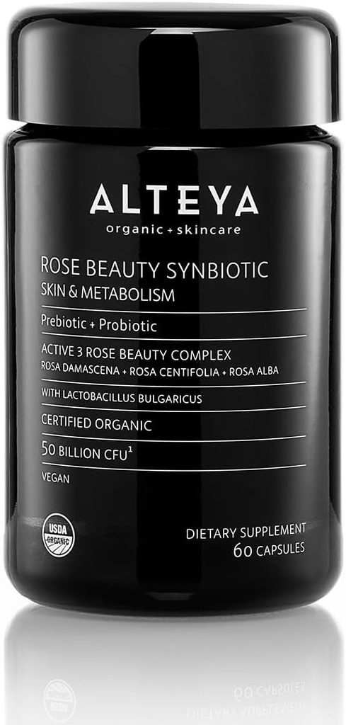 Alteya Organics Beauty Prebiotics + Probiotics and Rose Extrakts, Skin Beauty from Within Condition, 50 Billion CFU & Lactobacillus Bulgaricus for Face and Metabolism - 60 Kapsle