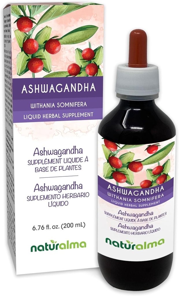 Naturalma Ashwagandha (Witania somnifera) Root Alcohol- Free tinktura - 6.76 fl oz Liquid Extract in Drops - Bylinný dodatek - Vegan