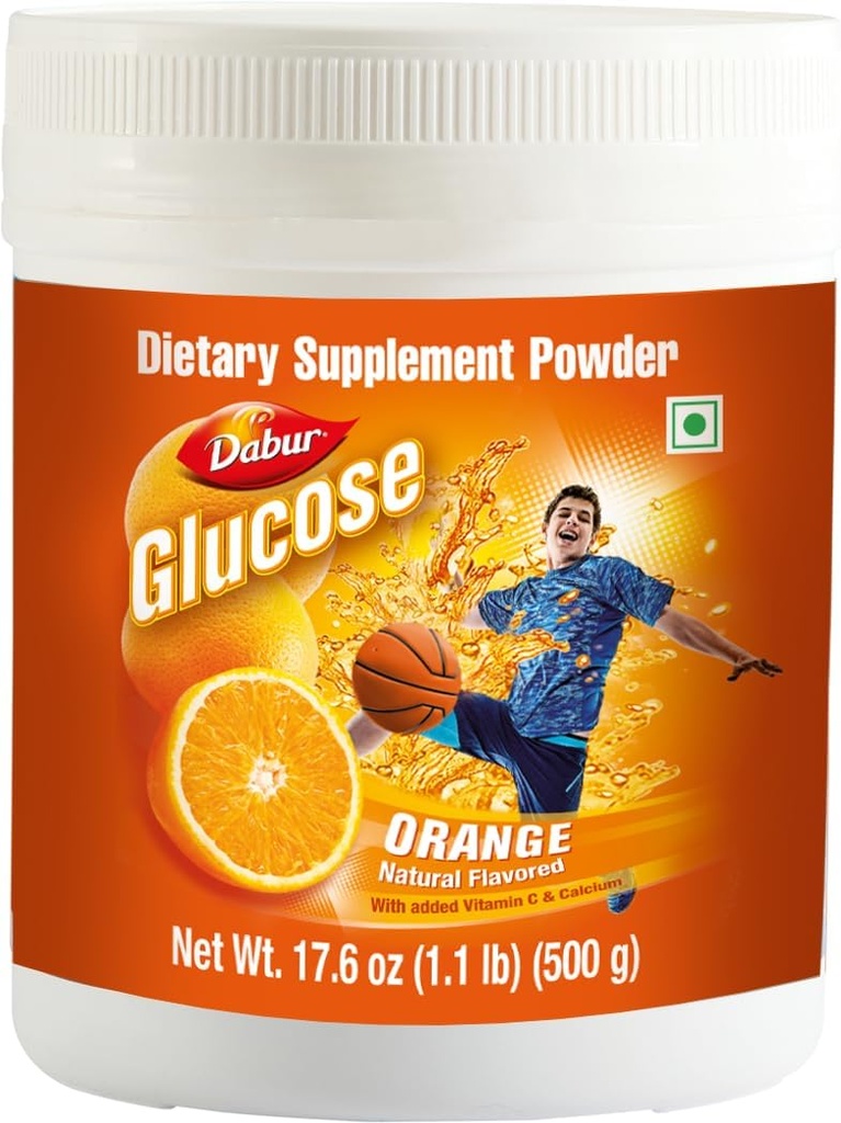 Dabur Glukóza - Glukózový prášek - obohacený vitaminem D a vápníkem - Chutné pomeranče - 500 gramů