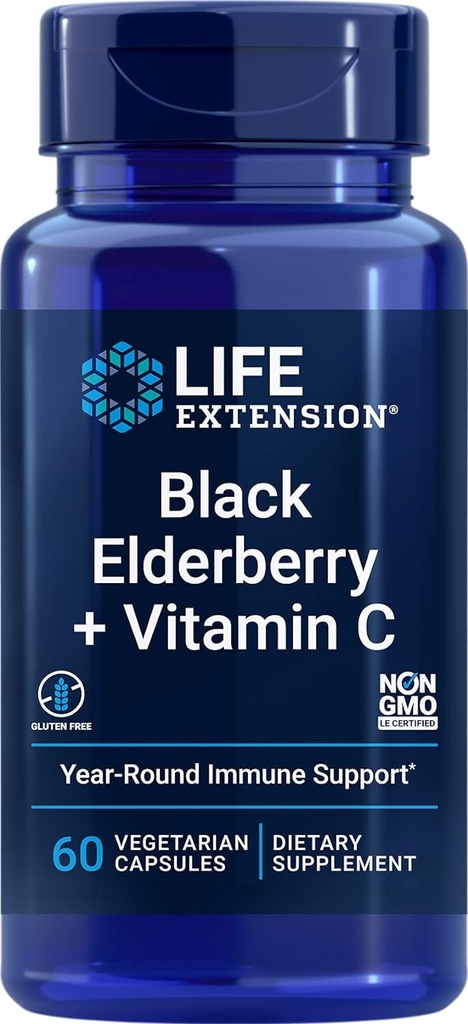 Life Extension Black Elderberry + Vitamin C, Každý den imunitní podpora z Elderberry & Vitamin C, Gluten zdarma, Non- GMO, Vegetariánské, 60 Kapsle