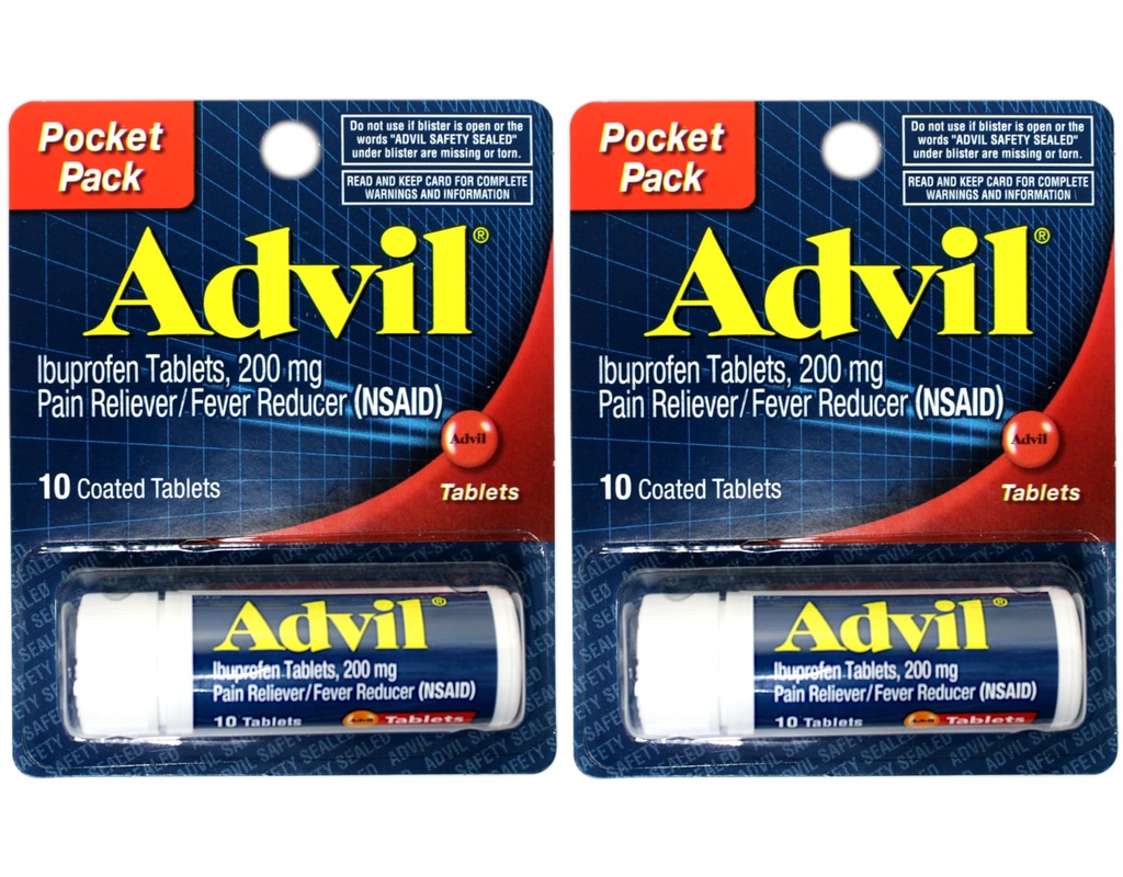 2 balení kapesního balení Advil Pain Reliever / Fever Reducer Ibuprofen 200mg - 10 potahovaných tablet PER Pack (20 tablet celkem)