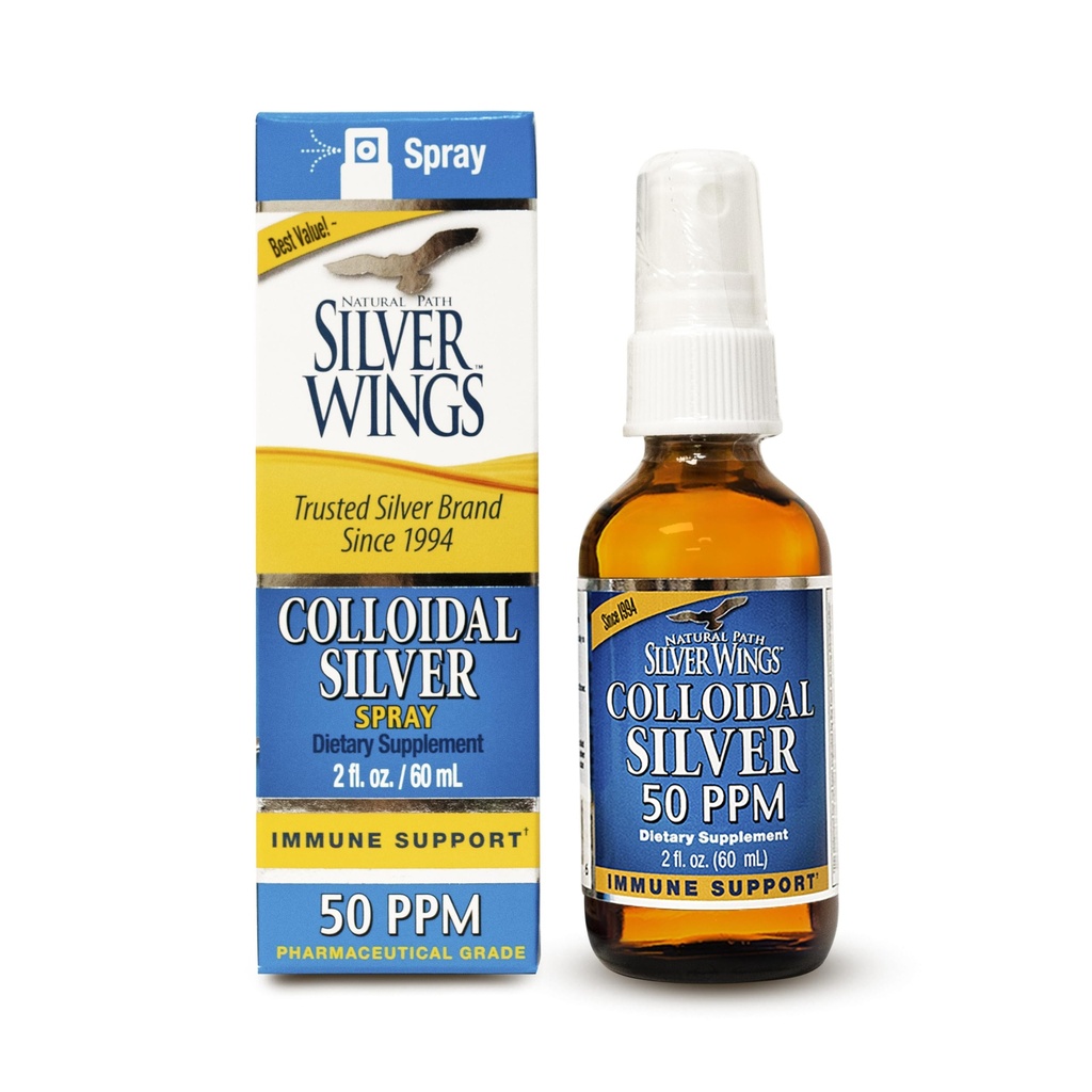 Přirozená cesta Stříbrná křídla Koloidní stříbrná tekutina - Denní doplněk imunitní podpory - 50ppm (250mcg) - 2oz Spray