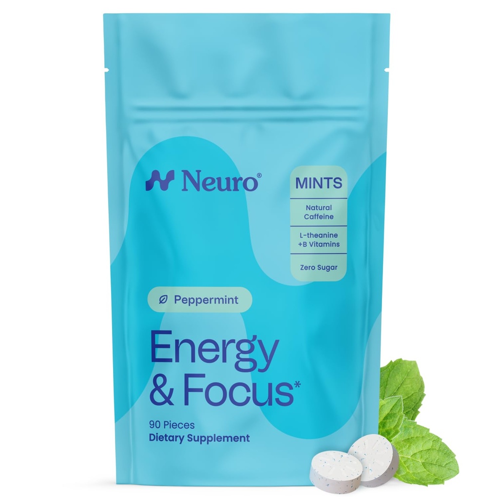 Neurogum Energy & Focus Mints (90 Count Bag, Peppermint)