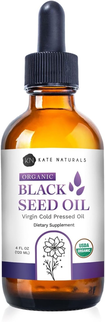 Kate Naturals Organic Black Seed Oil (4oz, Virgin, Cold Pressed, Non-GMO) Liquid Nigella Sativa for Immunical Support & Digestion. Čistý kmínový olej na vlasy a kůži