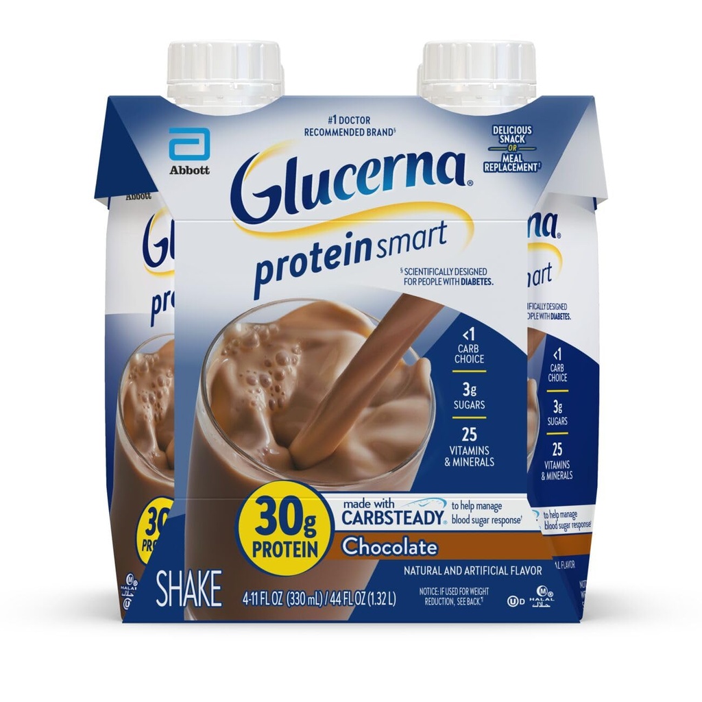 Glucerna protein Inteligentní Diabetes Care Shake, Čokoláda, Diabetická strava Náhrada na podporu řízení krevního cukru, 30g protein, 150 kalorií, připraven k pití, 11- fl- oz láhev, 4 balení
