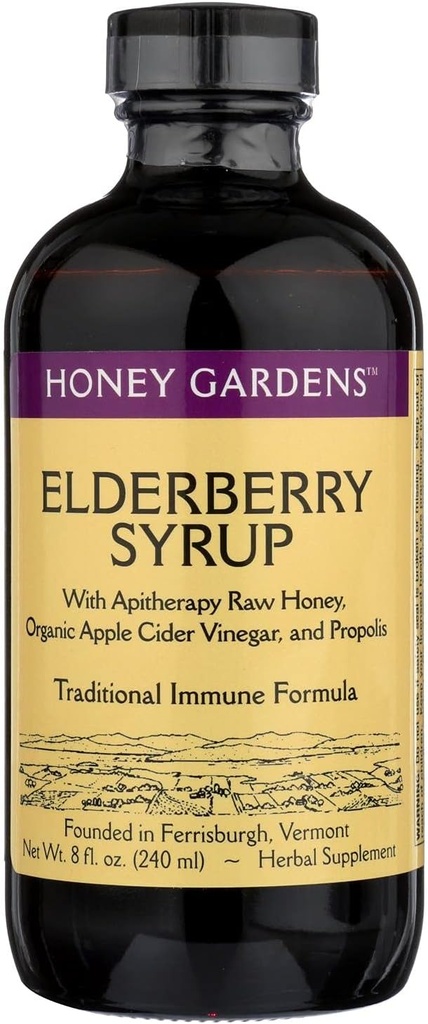 Tradiční vzorec Elderberry & Honey Imunní Syrup Honey Gardens 8 oz Liquid