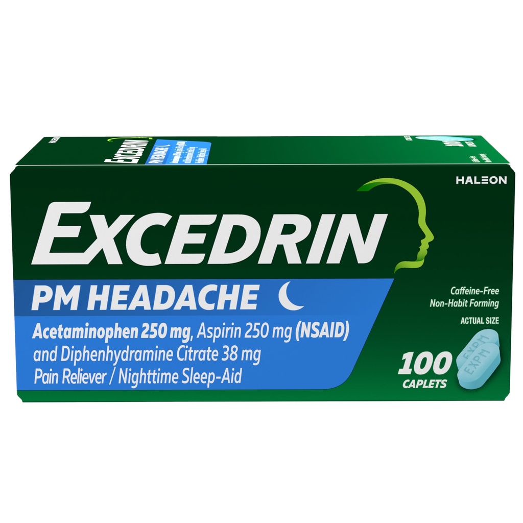 Excedrin PM pro úlevu od bolesti hlavy, Acetaminophen 250mg, Aspirin 250mg, Difenhydramin Citrát 38mg, Reliever bolesti, Noční spánková pomoc, 100 Počet