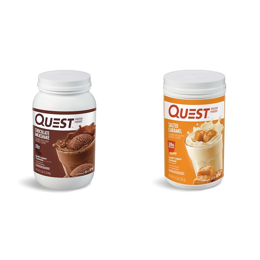 Quest Nutrition Chocolate Milkshake Protein Powder, 22g Protein, 1g Sugar, Low Carb, gluten Free, 3 libry, 43 Serings & Salted Caramel Protein Powder; 26g Protein; 1g Sugar; Low Carb; gluten Free
