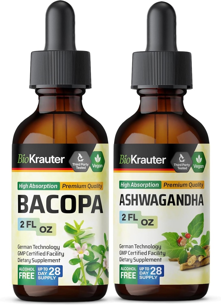 BIO KRAUTER Bacopa tinktura 2 Fl. Oz. & Ashwagandha tinktura 2 Fl. Oz.