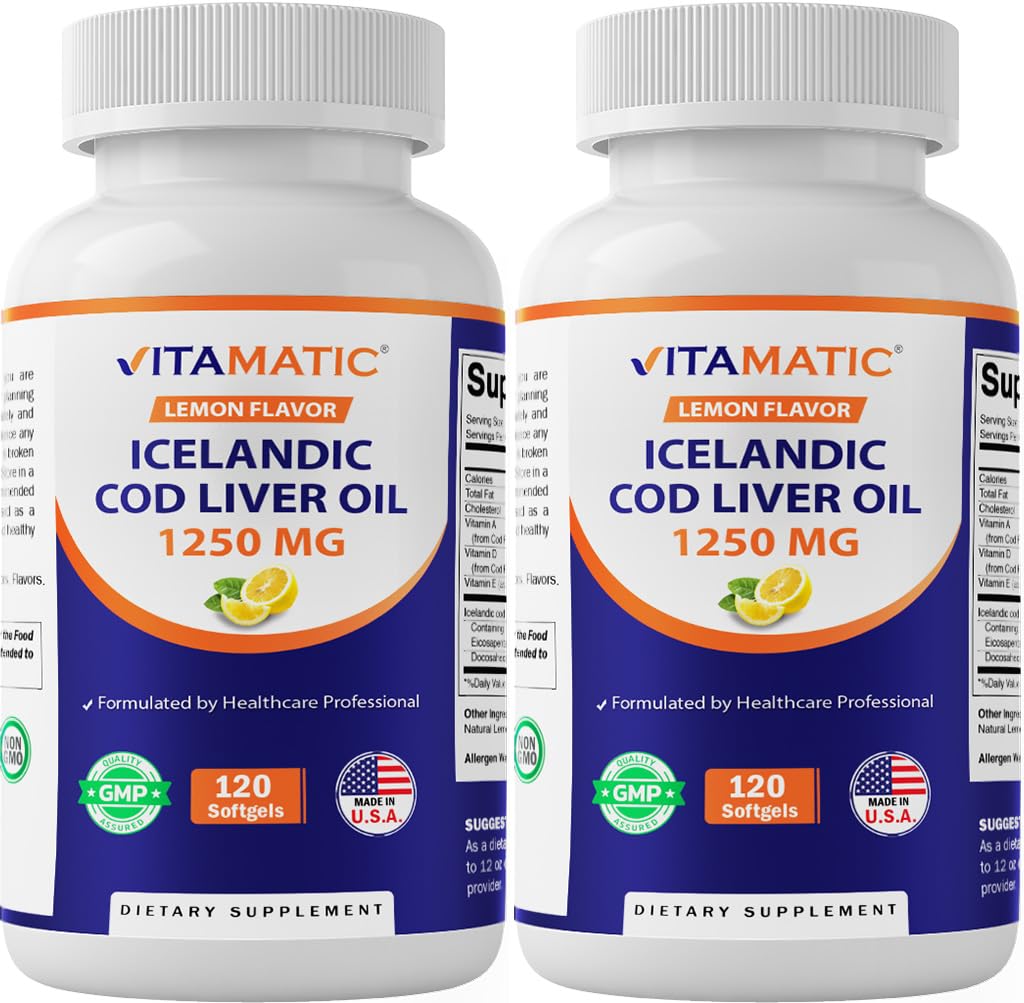 Vitamatic 2 Pack Islandské Cod Játra Oil Kapsle 1250mg 120 Softgels (Lemon Flavor) - Promotes Kardiovaskulární zdraví