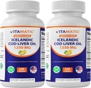 Vitamatic 2 Pack Islandské Cod Játra Oil Kapsle 1250mg 120 Softgels (Lemon Flavor) - Promotes Kardiovaskulární zdraví