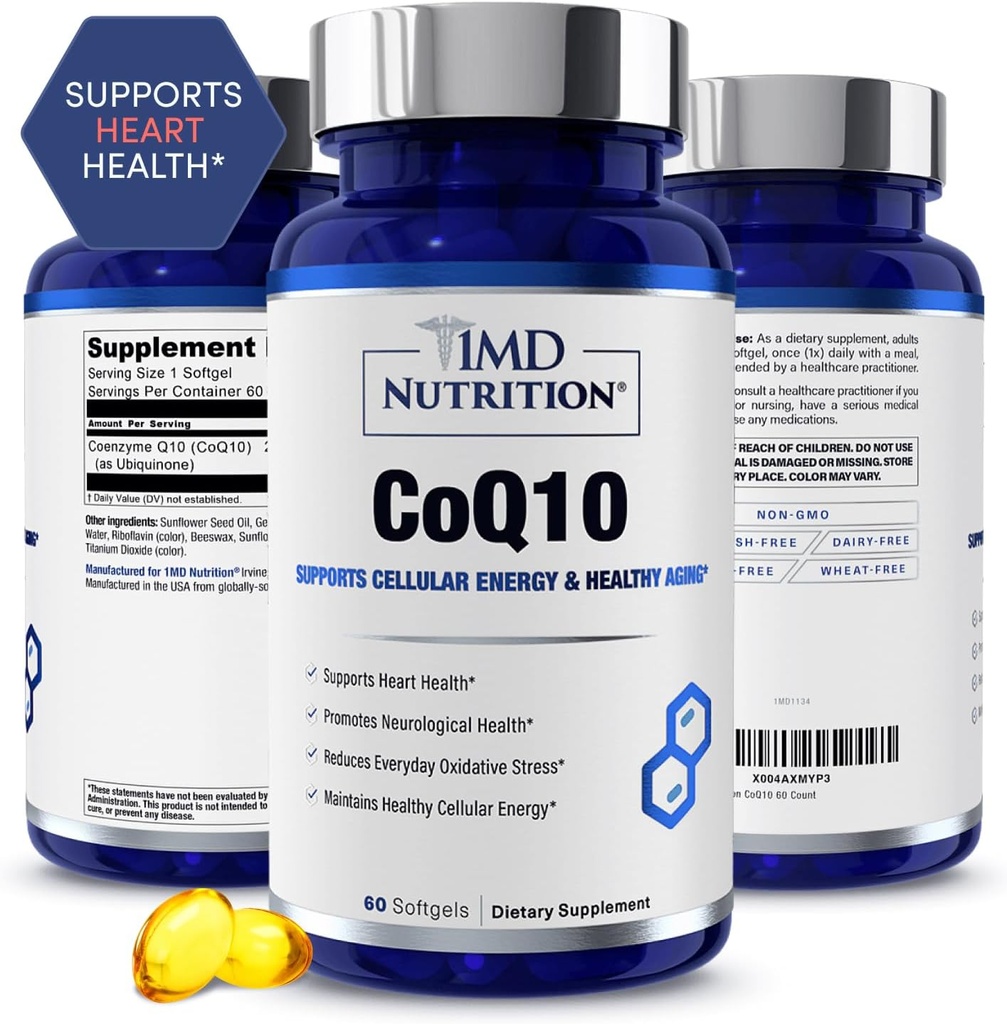 1MD Nutrition CoQ10 - pro Heart Health & Cellular Energy Production - Zdravotní dodatek pro muže a ženy - Coenzym Q10 Softgel - 60 dní