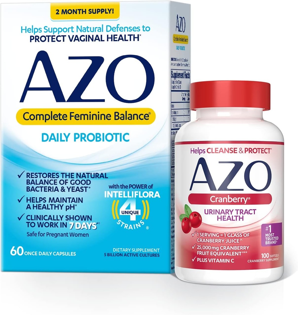 AZO Kompletní femininní rovnováha Denní Probiotika pro ženy (60 Počet) + Cranberry Softgels pro močové trakt zdraví (100 Počet)