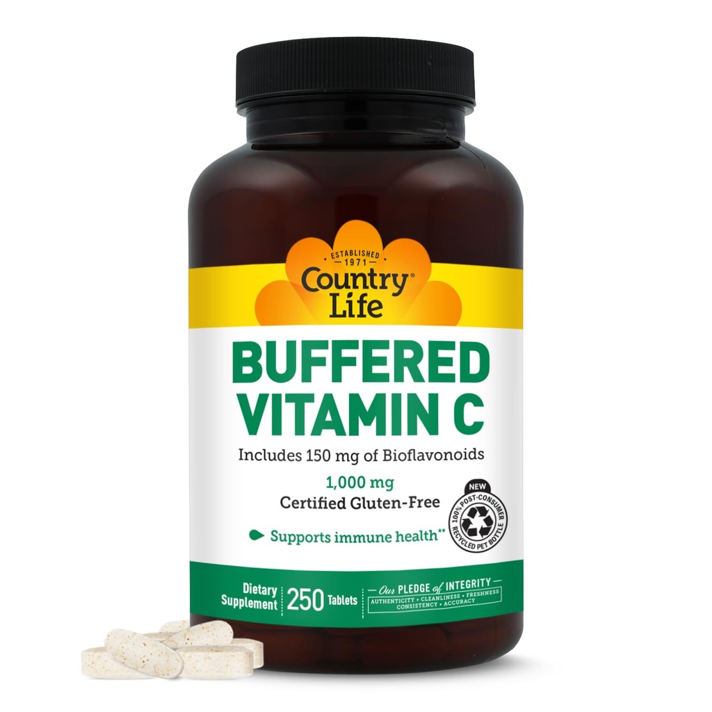 Country Life Buffered Vitamin C 1000mg s bioflavonoidy, vápník, hořčík, draslík - imunitní podpora, Veganské kapsle, gluten- Free, Gentle on Stomach - 250 Tablety