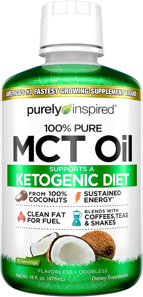 MCT Oil 124; Purely Inspired Pure MCT Oil Keto 124; Sourced from Coconut Oil, non-GMO Oil 124; Podporuje Keto & Paleo Diets OF 124; Směs s kávou, Čajem a třesením 124; MCT Oil for Setrvalá energie 124; Neochucené, 16 fl oz