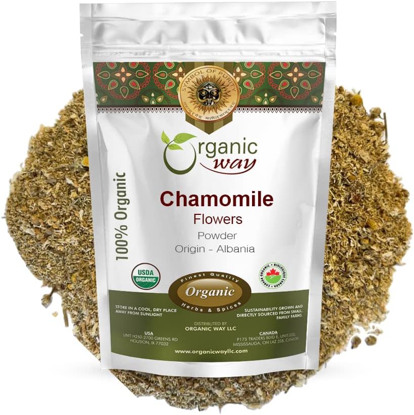 Organic Way Heamomile Flowers Powder (Matricaria heamomilla) Bylinný čaj - European Wild- Harvest CLANE124; Organic & Kosher Certified CLANE124; Non GMO CLANE124; USDA Certified CLANE124; Původ - Albánie (1 / 4 LB - 4 Oz)