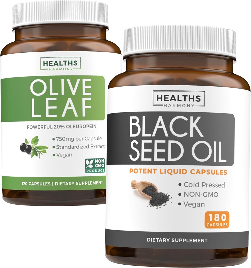 Olive Leaf & Black Seed Oil (3-Month Supply) Leaf & Seed Bundle of Olive Leaf Extract (120 Capsules) Super Strength and Black Seed Oil (180 Capsules)