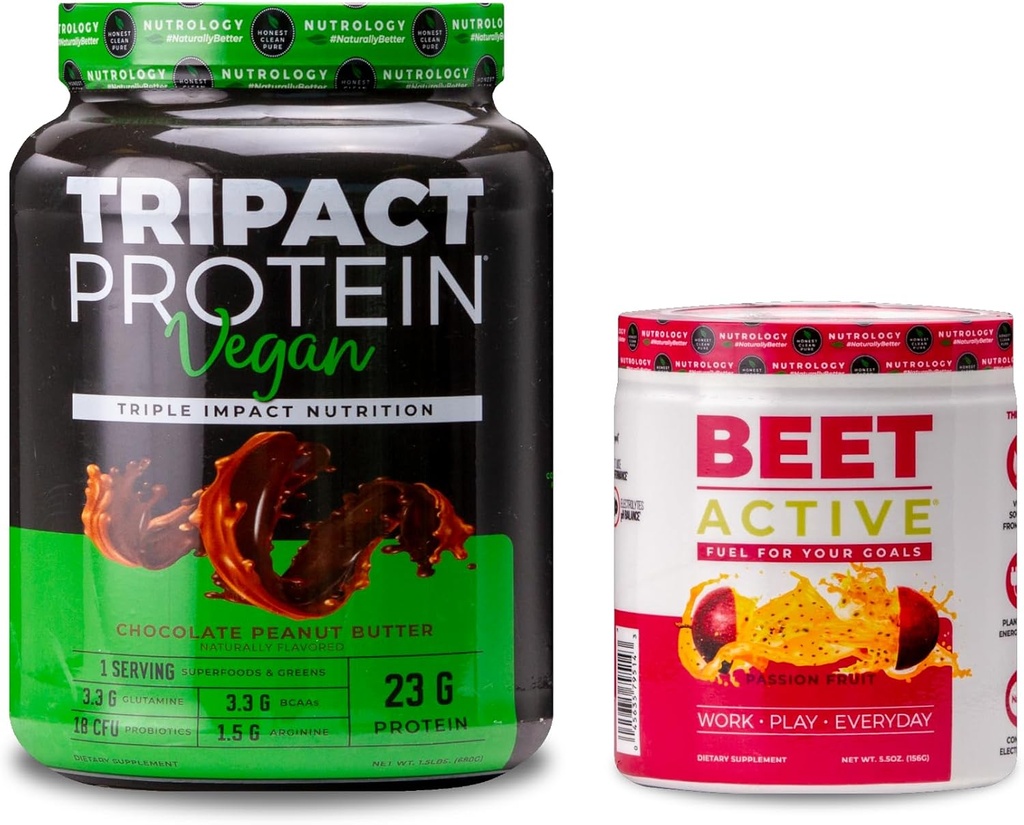 Nutrology TRIPACT Vegan Protein Powder, for Vegan Protein Shake, Chocolate Butters (20 Servings) & Beet Active, Passion Fruit Flavor (30 Servings)