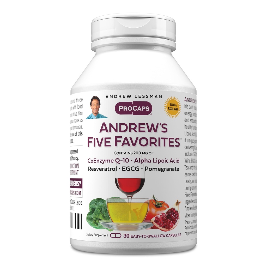ANDREW LESSMAN Andrew 's Five Favorites 30 Capsules - Poskytuje 200 mg každý z Coenzym Q-10, Resveratrol, EGCG, Pomegranátová kyselina a alfa kyselina lipoová, Výkonná antioxidant Podpora, Žádné přísady