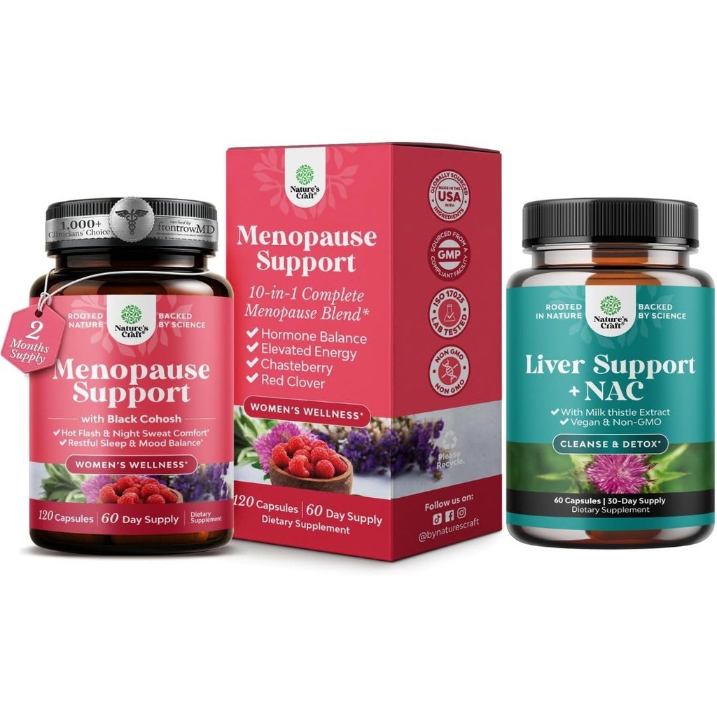 Bundle of Total Menopauza Dodatek s Dong Quai Vitex Chaste Berry & Black Cohosh pro přírodní hormon a podporu jater NAC dodatek s mléčným bodlákem pro vyčištění jater Detox & opravy